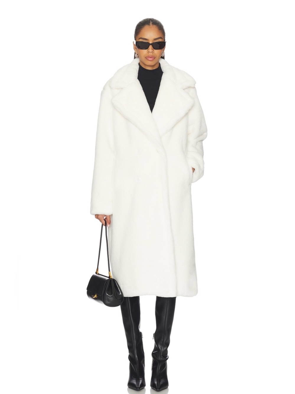 More To Come Calliope Faux Fur Coat in White Front Button Closure Revolve